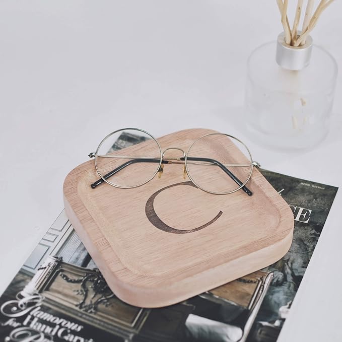 I'm Wooden Personalized Letter Catchall Valet Tray Trinket Dish Jewelry Tray Key Bowl Decorative Plate Organizing Ring Earrings Necklaces Bracelet Watch Coins Wallet Holder (6"x6" Sq Natural C)