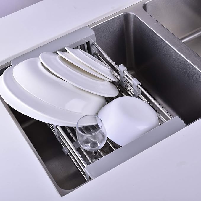 TUTEW Dish Drying Rack, Stainless Steel Dish Drainer with Adjustable Arms Holder Functional Kitchen Sink Organizer for Vegetable and Fruit, Gray Large