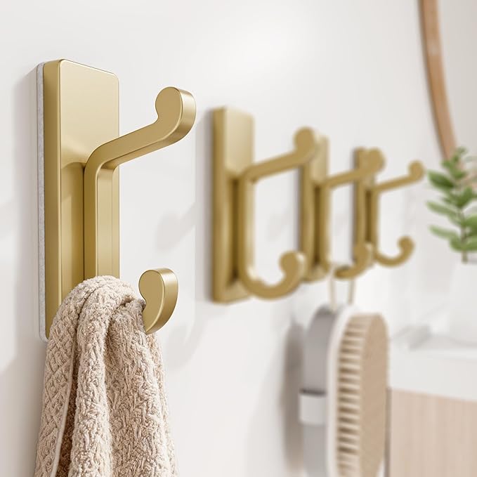 4 Pack Self Adhesive Wall Hooks for Coats - Stainless Heavy Duty Double Hook for Clothes, Towel, Keys, Purse, Backpack, Bag, Hat, Gold Coat Hook for Door, Bathroom, Bedroom, Holds 13Lbs.