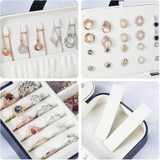 jiemei Jewelry Box, Travel Jewelry Organizer Cases with Doubel Layer for Women’s Necklace Earrings Rings and Travel Accessories (Dark Blue)