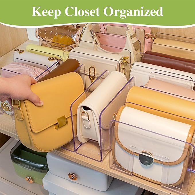 2 Pcs Purse Organizer for Closet, Acrylic Clear Purse Storage Organizers, Closet Organizers and Storage Purse Handbag Divider Holder, 4 Sections Purse Organizers Dividers in Bedroom Office (white)