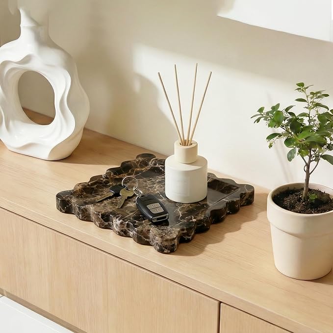 Elegant Square Marble Decorative Tray with Scalloped Edge Natural Stone Vanity Tray Organizer for Counter, Vanity, Dresser, Nightstand, Bathroom & Kitchen Sink(Dark Brown Net)