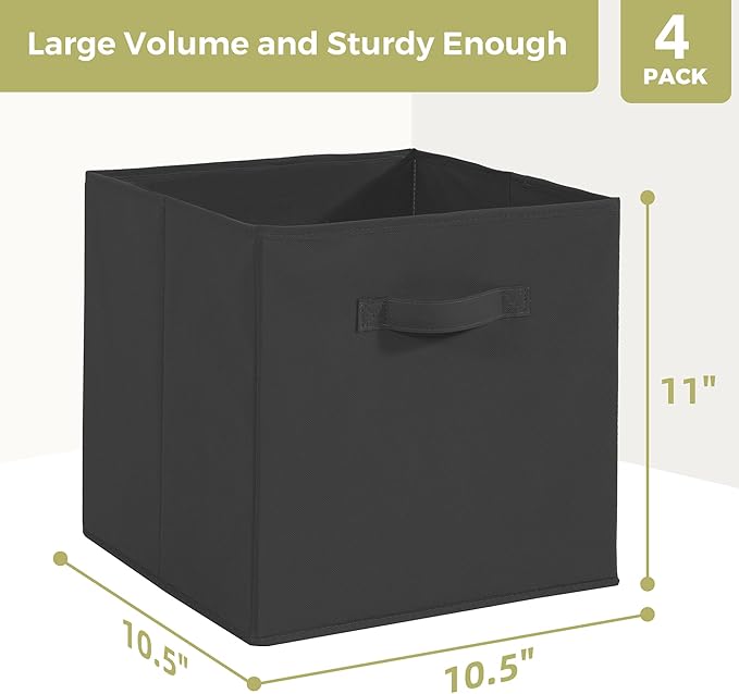 Storage Cubes, 11 Inch Cube Storage Bins, Set of 4, Fabric Foldable Storage Bins With Handles, Closet Storage Organizer Bins, Cubby Clothing Storage Baskets for Shelves, Black