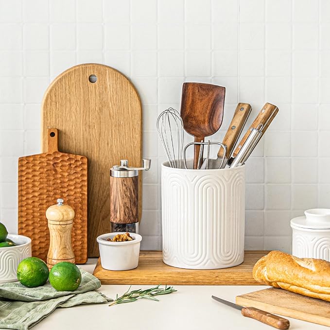 INSETLAN Ceramic Utensil Holder Set – 7.1" & 5.4" Kitchen Utensil Organizers for Countertop, Arch-Design Utensil Crocks for Farmhouse Decor & Kitchen Counter, Perfect Housewarming Gift
