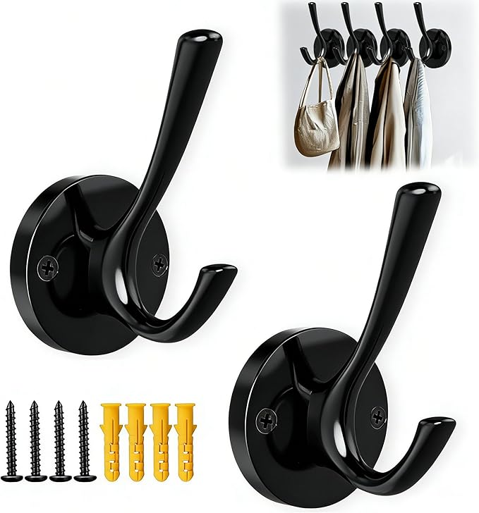 2PCS Black Wall Hooks Towel Hooks, Heavy Duty Coat Hooks for Hanging Coats, Metal Towel Hooks for Bathrooms, Double Hook Wall Mounted