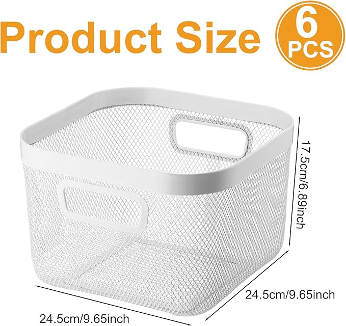 6 Pack Metal Mesh Basket with Hollow Handles White Wire Storage Bin for Organizing Stackable Metal Fine Mesh Basket for Pantry Bathroom Kitchen Cabinets Shelves (Medium)