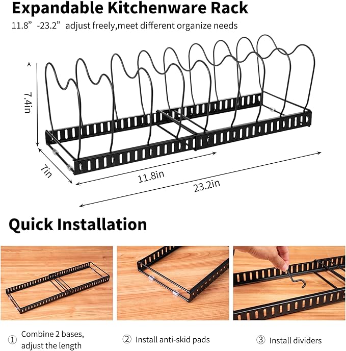 Pots and Pans Organizer,Rack for under Cabinet,Expandable Pot Lid Kitchen Cabinet Organizer Holder, with 10 Adjustable Partitions, Suitable for Kitchen Pan Organizers Inside Cabinet