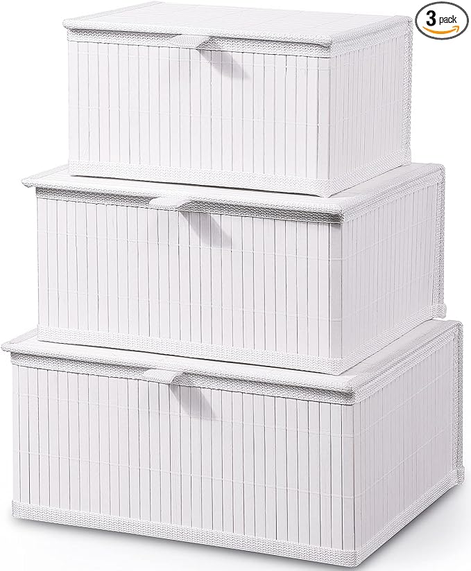 Honygebia Bamboo Decorative Storage Boxes - Set of 3 Woven Lined Storage Basket with Lids, White Wicker Lidded Baskets for Home Kitchen Shelf Organizer Decor