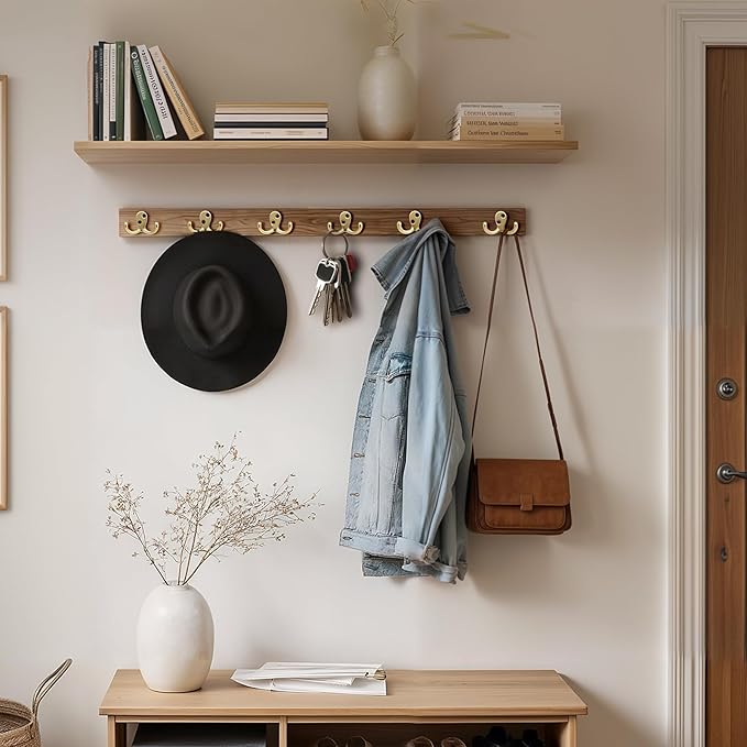 Coat Hooks Wall Hooks for Hanging - 15 Pack Gold Double Prong Hook Wall Mounted - Great for Living Room, Bedroom, Bathroom, Closet for Coat, Bag, Towel, Hat, Key, Cup, Heavy-Duty, Easy to Install