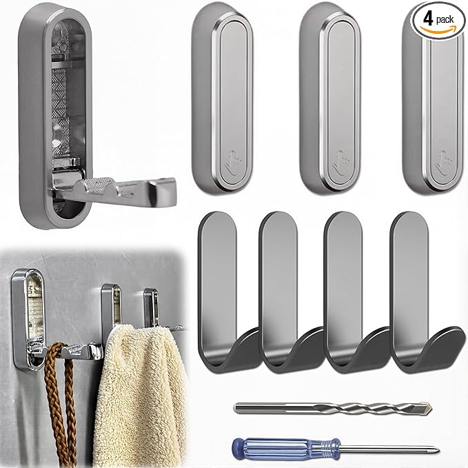 4PCS Foldable Wall Hooks, Folding Coat Hook, Folding Hook Wall Mount with 4pcs L-Shape Nail-Free Hooks, Screwdriver and Drill Bit, for Bathroom, Kitchen, Entryway, Holds Coats, Backpacks, Hats, Keys