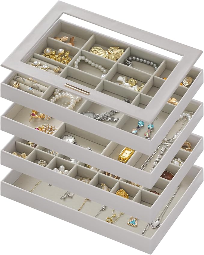 Large Jewelry Organizers and Storage Box, 4 Layers Stackable Jewelry Organizer Trays Clear Lid Cover for Drawers, Jewelry Boxes for Women, Stacker Jewelry Display Case
