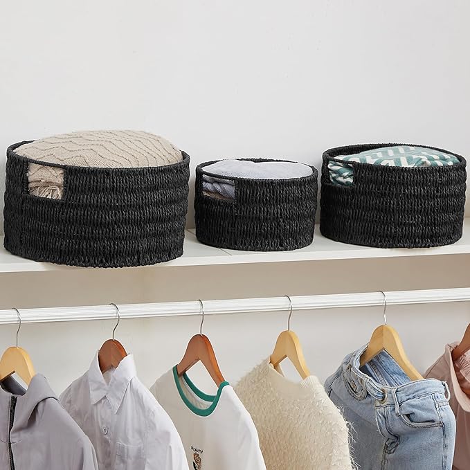 Vagusicc Wicker Storage Basket, Hand-Woven Paper Rope Large Round Woven Basket With Handles, Wicker Baskets for Organizing/Storage, Black, 3-Pack