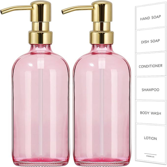 GMISUN Pink Soap Dispenser Bathroom, 2 Pack Kitchen Hand and Dish Soap Dispensers Set, 17 Fl Oz Pink Glass Soap Dispenser with Gold Pump, Refillable Modern Farmhouse Liquid Soap Pump Bottles