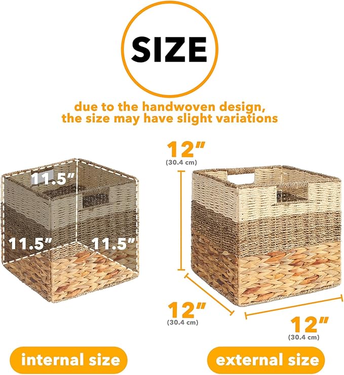 SpaceAid 4 Pack 3 Pattern Design Wicker Basket, Baskets for Organizing, Storage Rattan Basket with Handles for Shelves, Woven Cube Storage Bin Organizer, 12x12x12 inch, Natural