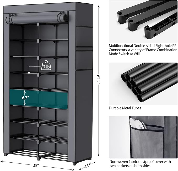 9-Tier Shoe Rack - 36-40 Pairs Organizer with Nonwoven Fabric Cover, Double Row for Closet (Black Rack with Gray Cover)