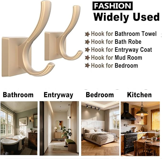 Gold Hooks for Wall Double Hooks, Heavy Duty Thick Bathroom Coat Hooks for Hanging Key Robe Hat Backpack, Wall Mount Hat Hooks Bath Towel Hooks(6 Pack, Gold)