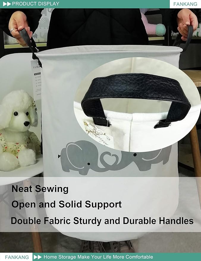 FANKANG Storage Basket, Nursery Hamper Canvas Laundry Basket Foldable with Waterproof PE Coating Large Storage Baskets for Kids Boys and Girls, Office, Bedroom, Clothes,Toysï¼Love Elephantï¼