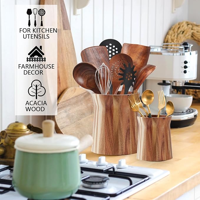 Acacia Wood Utensil Holder for Kitchen Counter, 360° Rotating 7.3" Large Wooden Utensil Holder,Kitchen Utensil Crock for Countertop,Cooking Utensil Storage Organizer,Farmhouse Kitchen Decor