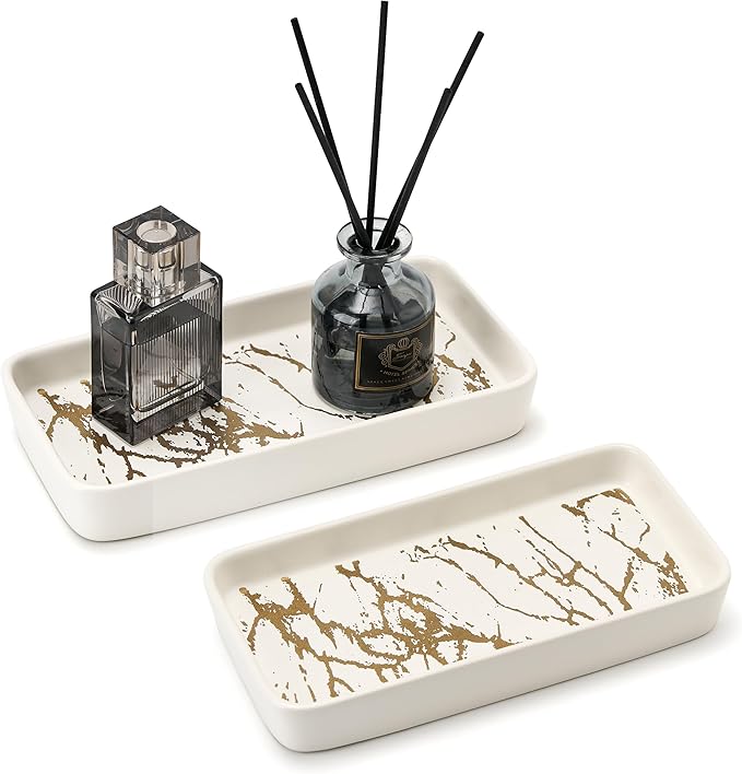 Bathroom Vanity Tray for Countertop,2PC Rectangle Marble Tray Set,Decorative Bathroom Organizer for Scrubber, Lotion Bottles, Perfume, Jewelry, Candle, Key Trinket Ringï¼Small,Whiteï¼