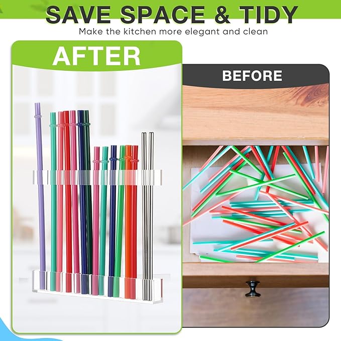Baderke Straw Holder for Cabinet Reusable Straw Organizer with Double Sided Adhesive Tape Screws Storage Container for Kitchen Counter Cupboard(Clear,Novel)