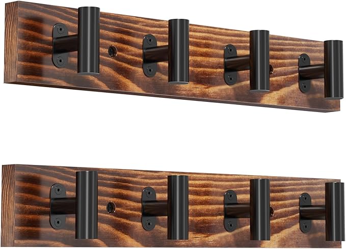 Coat Rack Wall Mount, 2 Pack Rustic Coat Hanger with 8 Black Metal Heavy Duty T Shaped Hooks, Pine Soild Wood Large Coat Hooks Wall Mounted for Entryway, Living Room, Bathroom (32.3")