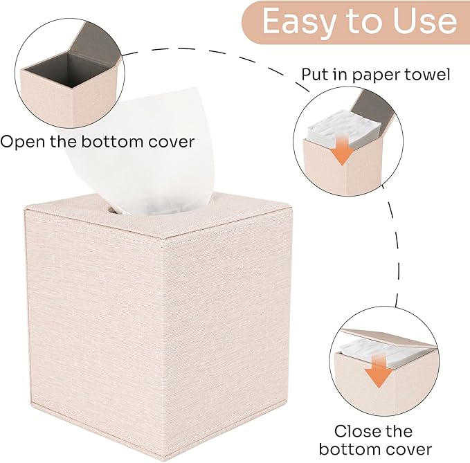 2 Pack Square Tissue Box Cover Holder - Premium PU Leather Decorative Cube Facial Napkin Dispenser - Magnetic Bottom for Bathroom Vanity Bedroom Nightstand Office (Cream White)