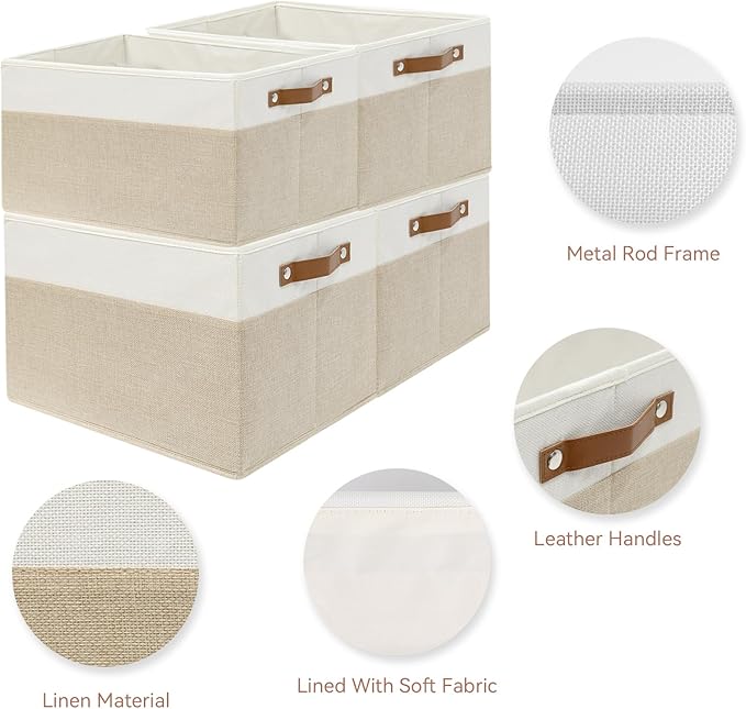 SNWDN 6 Pack Fabric Storage Baskets for Organizing Collapsible Fabric Storage Bins with Handles for Home organization and storage (White/Beige 15''Lx10.2''Wx9''H)