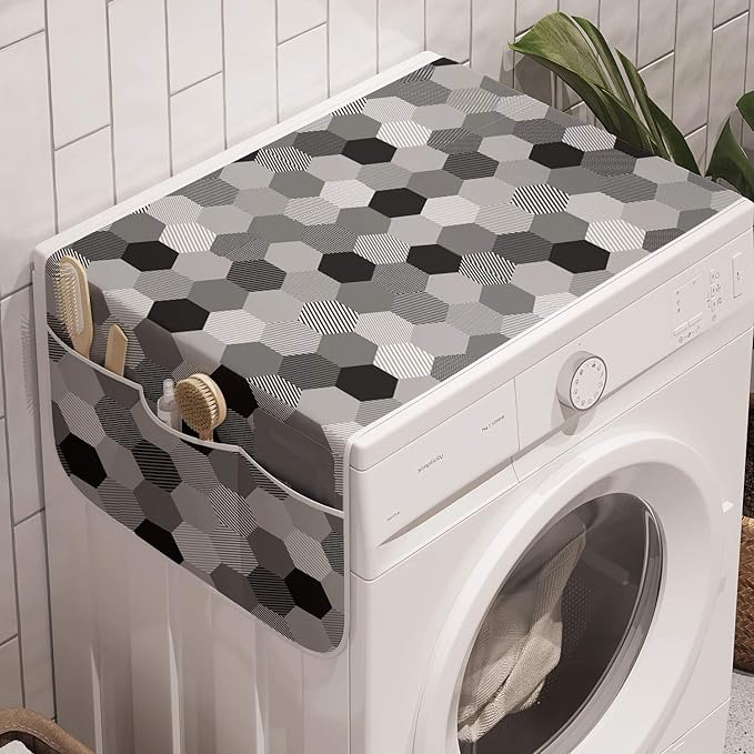 Ambesonne Charcoal Washing Machine Organizer Pack of 2, Greyscale Geometric Pattern with Striped Hexagons Grid Illustration, Anti-Slip Cover for Washers Dryers, 47" x 18.5", Charcoal Grey