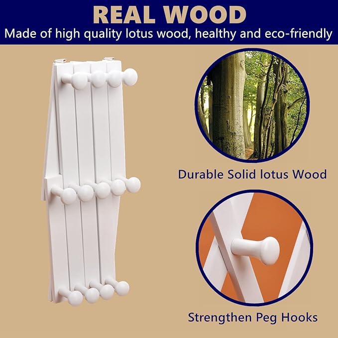 Amber Home Wood Accordion Wall Rack 13 Hooks (Pegs), Expandable Wall Mounted Hanger for Coat, Hat, Scarf, Coffee Mugs, X Shape Coat Hooks (White Color)
