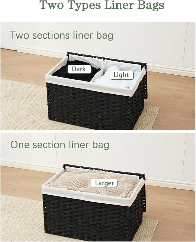 Storage Basket with Lid Rattan Storage Basket with 2 Separate Lid, 27.8 Gallon (105 L) 25.2 * 15.4 * 16.1 Inches Woven Wicker Baskets with 2 Liners and Handles for Bedroom Laundry Black