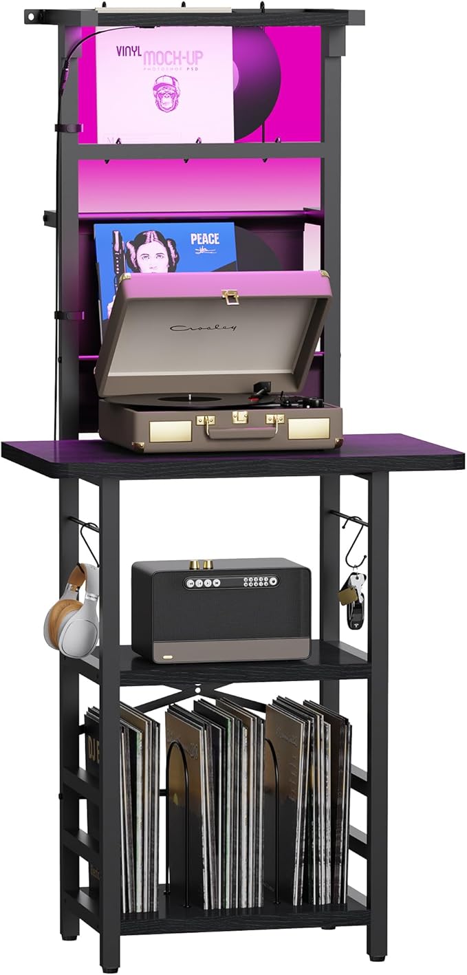 Record Player Stand with Led Light,Record Player Table with Vinyl Storage,Turntable Stand with Record Holder Vinyls Display Shelf for Music Room Studio,Black