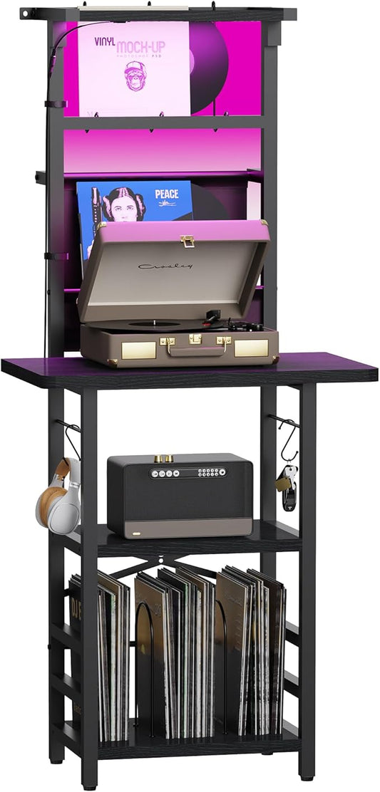 Record Player Stand with Led Light,Record Player Table with Vinyl Storage,Turntable Stand with Record Holder Vinyls Display Shelf for Music Room Studio,Black