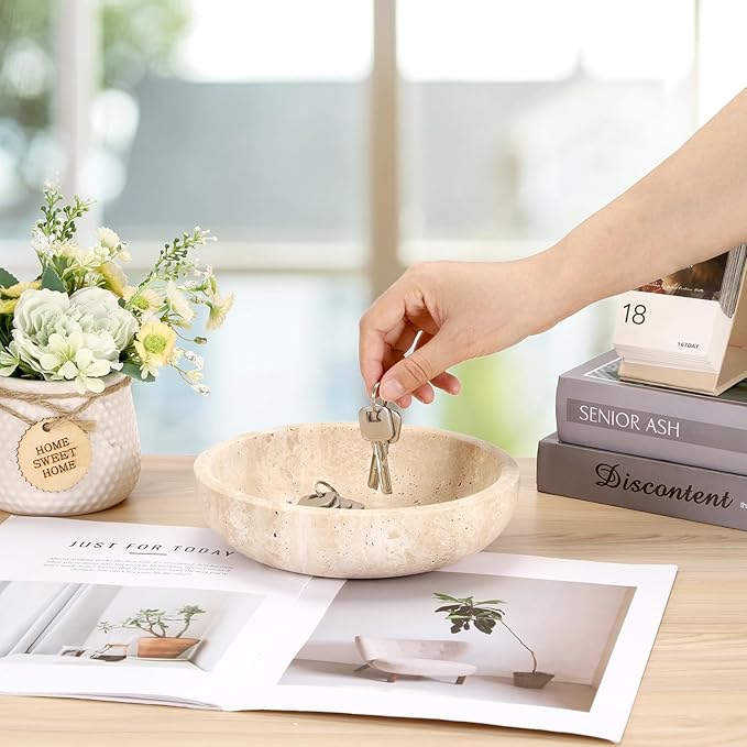 Hipiwe Key Holder for Entryway 7.9" Round Key Bowl Decorative Travertine Tray Nightstand Organizer Trays Jewelry Dish for Jewelry Ring Trinket Storage Home Decor