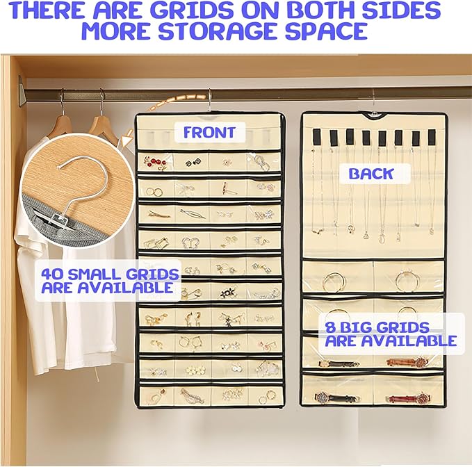 ONEPEACE Hanging Jewelry Organizer: Necklace & Earring Holder with Pockets for Closet, Wall or Door (Beige)