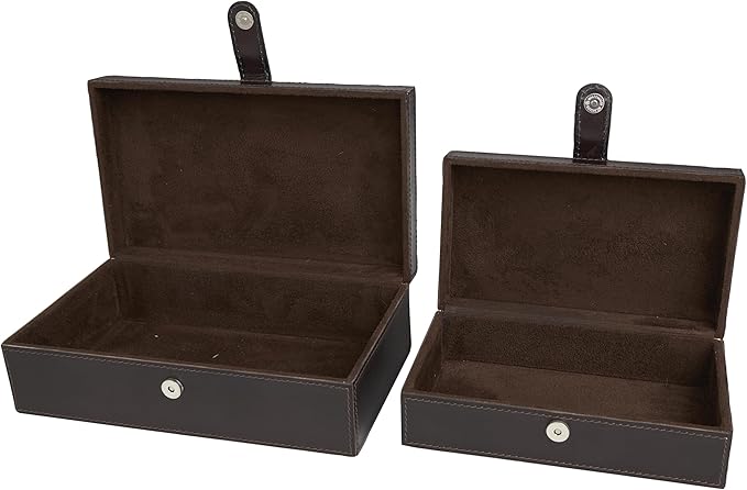 Deco 79 Leather Handmade Decorative Box Storage Decorative Keepsake Boxes with Snap Front Closure and Detailed Stitching, Set of 2 Storage Boxes 10", 8"W, Dark Brown