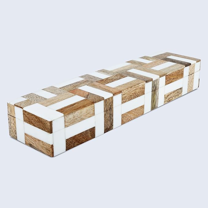 Handicrafts Home White Decorative Box with Lid–Marquet Resin Inlay & Wood Decorative Boxes for Home Decor, Decor, Storage Box for Jewellery & Keys White Brown Neutral Decorative Storage Box-10x2.5x1.5