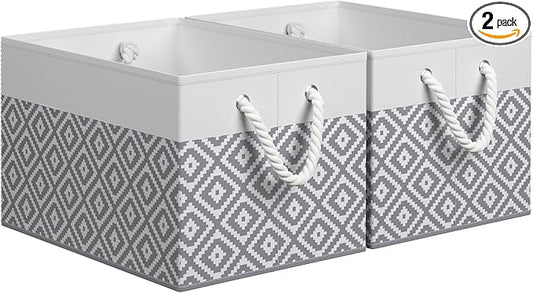 Storage Bins, 2-Pack Large Storage Box with Rope Handles, Collapsible Storage Basket for Organizing Books, Clothes, Rhombic Grey