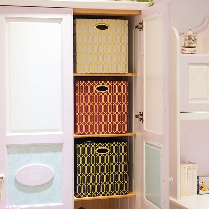 Posprica Storage Bins, Storage Cubes,13Ã13 Fabric Drawers Organizer Basket Boxes Containers (13Ã13Ã13/2pcs, Cream/gold geometry Pattern)