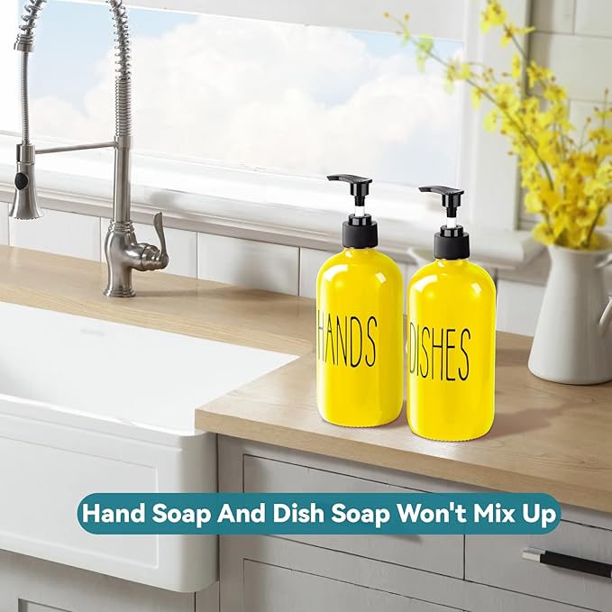 Glass Soap Dispenser Set 2 Pack,16 Oz Dish Soap Dispenser for Kitchen Sink,Lemon Kitchen Decor and Accessories,Yellow Decorations and Kitchen Utensils for Kitchen