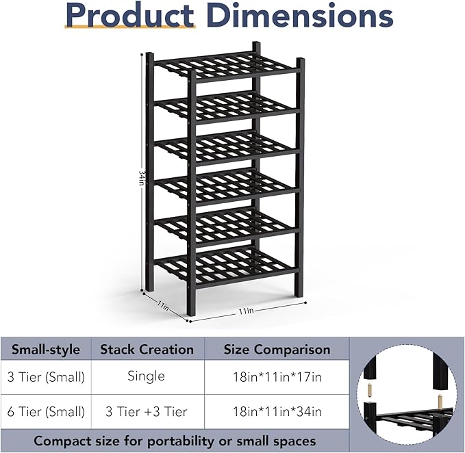 Haddockway Small 6 Tier Bamboo Shoe Rack Storage Organizer,Multifunctional Free Standing Stackable Shoe Shelf with Grid Panel for Closet,Hallway,Entryway,Small Space 18"x11"x34"