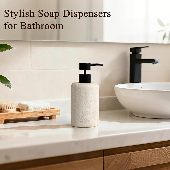 2pcs/Set Hand Soap Dispenser Sets - 10.8oz Refillable Resin Liquid Soap Dispensers with Rust-Proof Pump for Bathroom Countertop or Kitchen, Faux Travertine