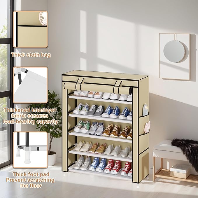 Laiensia 5-Tier Vertical Shoe Rack Organizer, Space Saving Shoe Storage Organizer, Non-Woven Cover Shoe Shelf Holds 20-25Pairs for Bedroom, Hallway, Closet Entryway, Beige