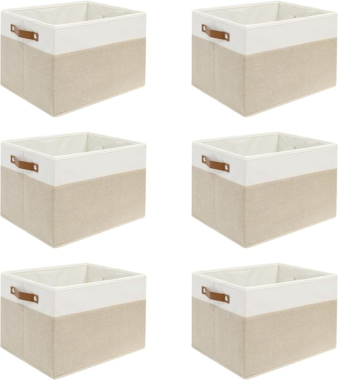 6 Pack Large Fabric Storage Baskets for Shelves , Closet Storage Bins for Shelves, Fabric Baskets for Organizing with Handles for Home organization and Storage (White with Beige,15"L*13"W*13"H)