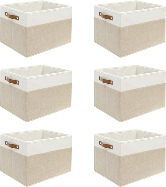 6 Pack Large Fabric Storage Baskets for Shelves , Closet Storage Bins for Shelves, Fabric Baskets for Organizing with Handles for Home organization and Storage (White with Beige,15"L*13"W*13"H)
