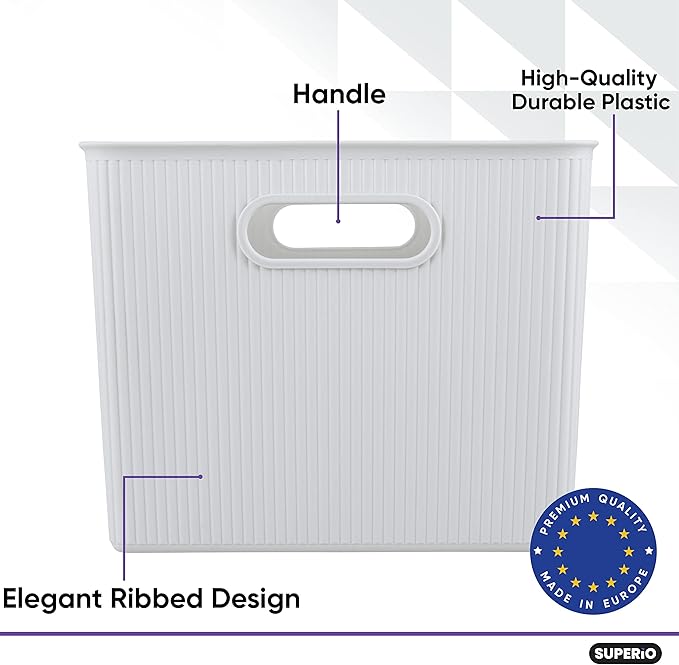 Superio Ribbed Collection - Decorative Plastic Basket Open Home Storage Bins Organizer, X-Large White Smoke (2 Pack) Container Boxes for Organizing Closet Storage Bins for Shelves 22 Liter/23 Quart