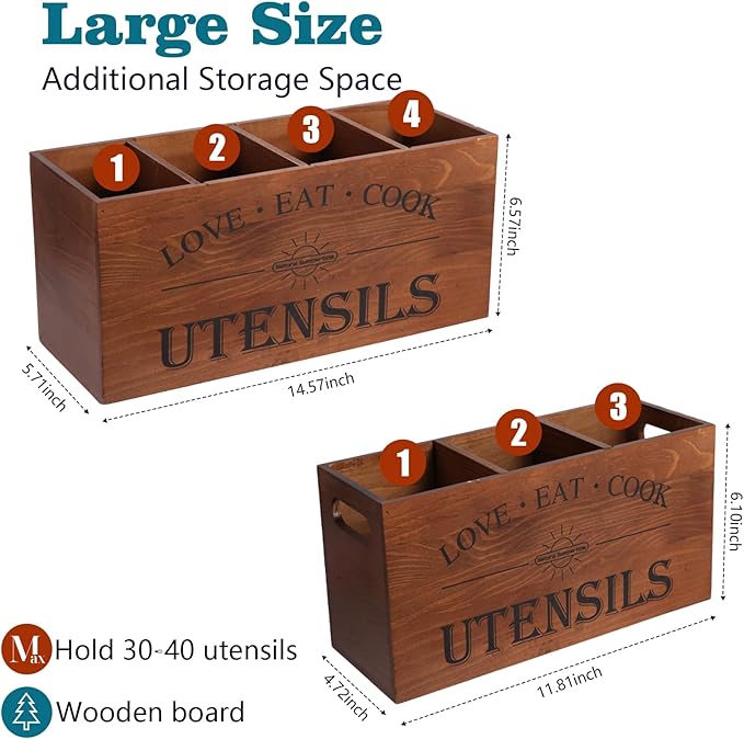 2 PC Wooden Utensil Holder,（With 4-Compartments size*1 + 3-Compartments size*1） Extra Large Kitchen Counter,Cooking Spatula Organizer,Farmhouse Decor, Rustic Cooking Utensil