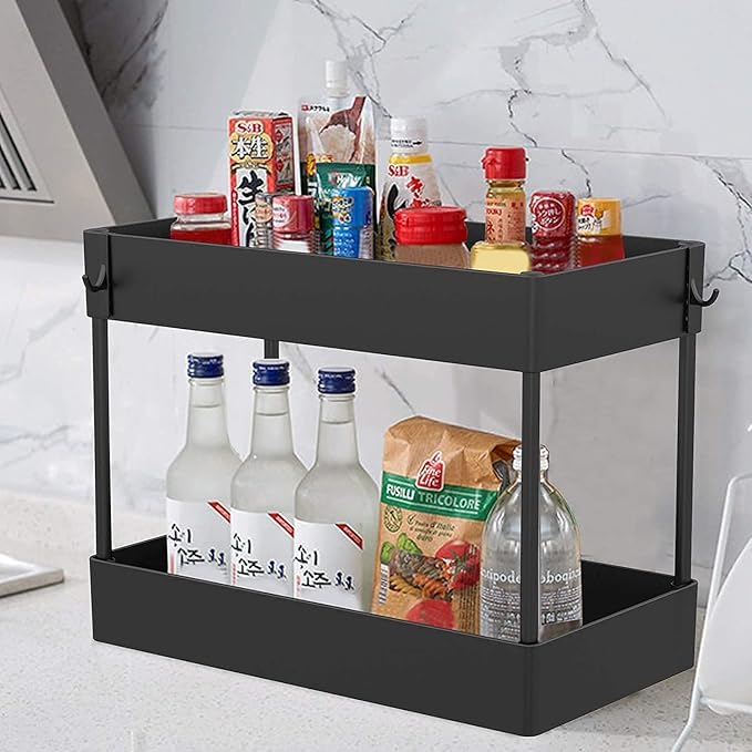Under Sink Organizer, Under Bathroom Sink Storage 2 Tier Organizer Bath Collection Baskets with Hooks, Under Sink Shelf Organizer Rack, Multi-purpose Under Sink Storage for Bathroom Kitch(Color:Black)