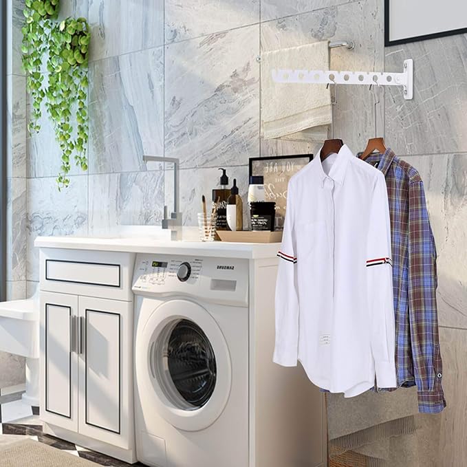 Wall Mount Clothes Hanger Stainless Steels Laundry Hanger Dryer Rack White Retractable Clothes Rack Wall Hangers for Clothes Closet Wall Mounted Clothes Hanger 2 Pack