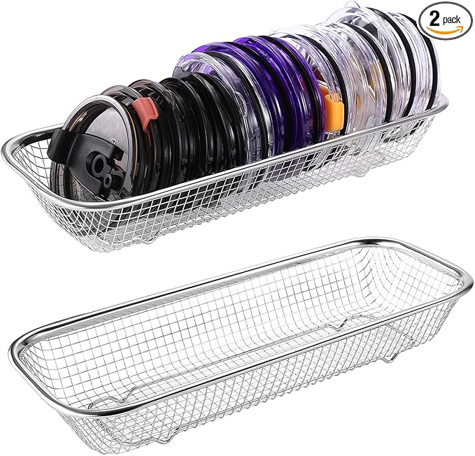 2Pack Stainless Steel Tumbler Cup Lid Organizer Inside Cabinet, Mason Jar Lid Holder, Rectangular Basket for Storage of Silverware, Chopsticks, straws and Utensils