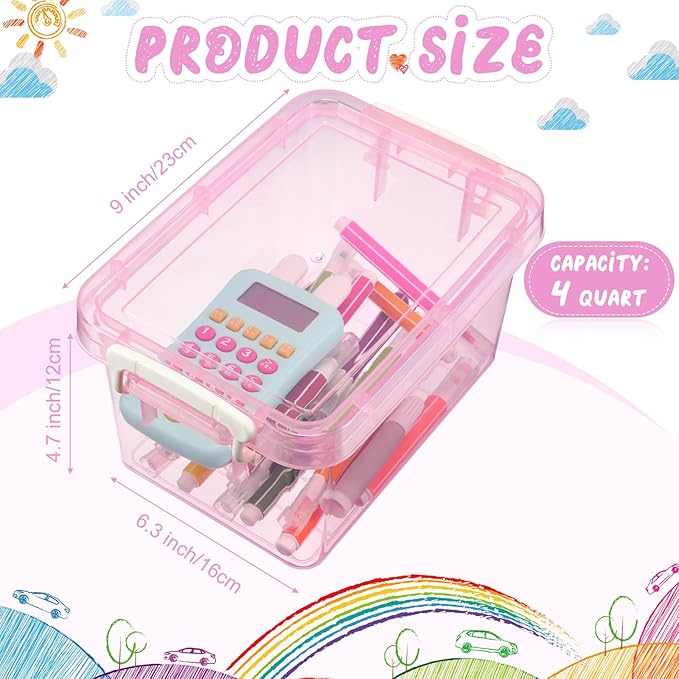 Wenqik 6 Pack Colorful Plastic Storage Bins with Lids 4 Quart Small Storage Latch Box Stackable and Nestable Clear Organizer Bins with Latching Handle and Buckle for Organizing(Pink)